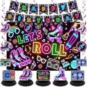 Roller Skating Party Decorations Glow Neon Happy Birthday Banner Let's Roll Backdrop Retro Roller Skating Honeycomb Centerpieces Hanging Swirl Decor for Kids Adults Hip Hop Rollerskate Party Supplies