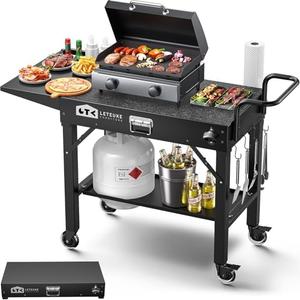 Leteuke Grill Cart for Blackstone Griddle, Portable Outdoor Grill Table, Foldable Cart Table with Wheels for Ninja, Griddle Stand Fit 17 Inch Or 22 Inch, BBQ Prep Tables with Seasoning Tray