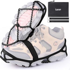 Sfee Ice Cleats for Walking on Ice Snow Grips Crampons Traction for Shoes/Boots, Anti-Slip Portable Flexible Footwear for Walking Climbing Hiking Fishing Outdoor Running with 2 Adjustable Straps (Medium, Black)