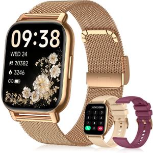 Smart Watch for Women (3 Bands), Fitness Tracker with Bluetooth Calls, IPX8 Waterproof Smartwatch for Android iPhone, 112+ Sport Modes, Heart Rate/Sleep/SpO2 Monitor, Gold