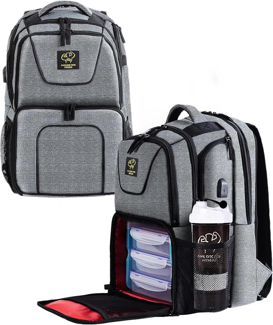 519 Fitness Meal Prep Backpack,Insulated Cooler Lunch Backpack with Computer Compartment,Hiking Picnic Cooler Backpack For Men and Women,3 Meal Containers,2 Ice Packs and Protein Shaker Included
