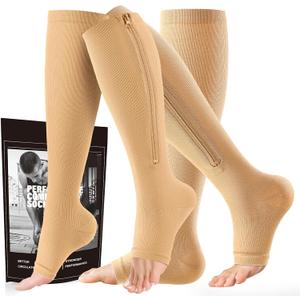 cerpite Zipper Compression Socks - 2 Pairs Open Toe Compression Stockings for Men Women 15-20mmHg,Suit for Running, Sport (4X-Large, Nude - Compression Socks)