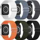 6 Pack Stretchy Solo Loop Compatible with Apple Watch Band Size: 42(Series 3)/44/45/49mm  Men Women, Braided Elastic Nylon Strap (Black/DarkGrey/BlueGrey/ArmyGreen/Orange/White)