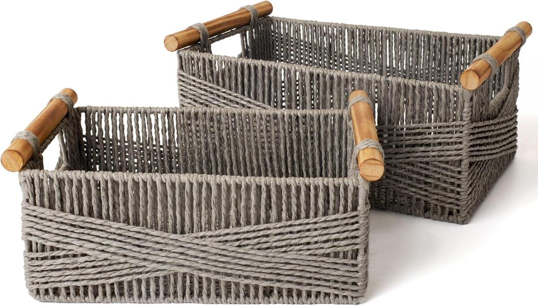 LA JOLIE MUSE Wicker Storage Baskets for Organizing, Recyclable Paper Rope Basket with Wood Handles, Decorative Hand Woven Basket Organizers for Makeup Books Shelves Living Room, Grey, Set of 3