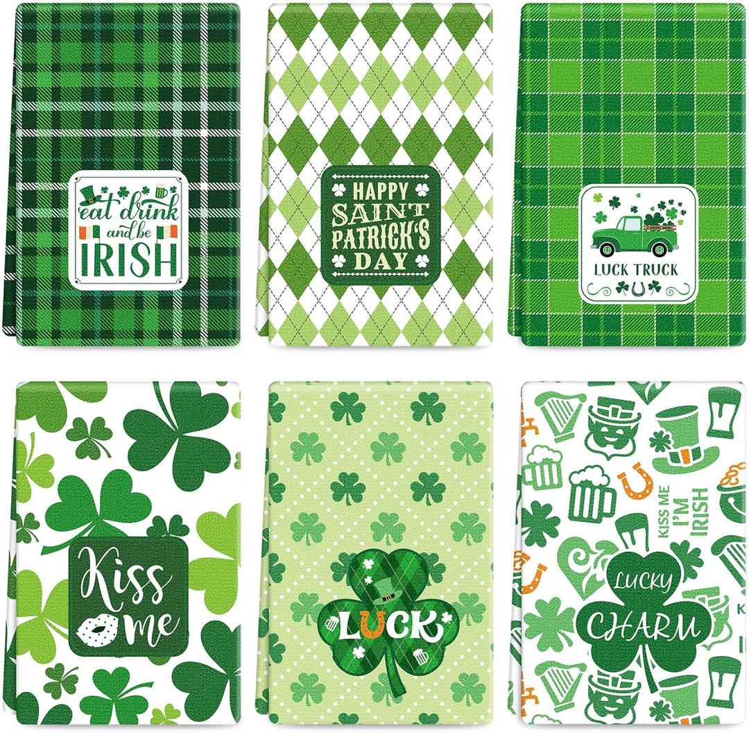 Patelai 6 Pcs St. Patrick's Day Kitchen Towels Clover Towel Shamrock Bathroom Hand Towels Dish Tea Towel St. Patrick's Day Gifts Decorations 18 x 28 Inches