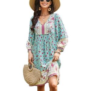 Bluetime Women Casual Summer Dress Boho V Neck 3/4 Sleeve Babydoll Floral Print Flowy Beach Dress Size 2XL