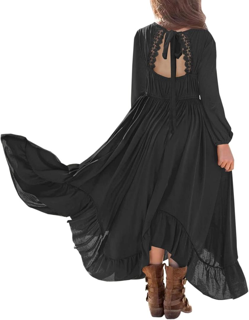 MITILLY Girls Boho Lace Flower Backless Crew Neck Long Sleeve Ruffle Swing Maxi Dress with Pockets (12 Years, Black)
