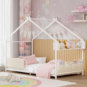 Timy House Shape Twin Size Montessori House Bed Metal Floor Bed with Storage Rack and Caddy Twin Bedframe for Kids No Box Spring Needed White, Shelf 