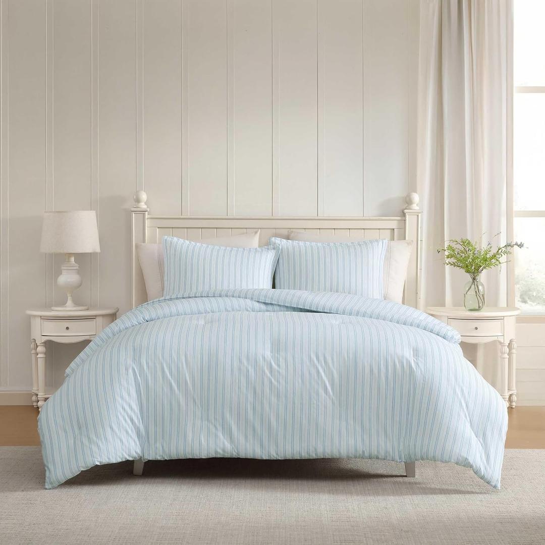 Laura Ashley - Queen Comforter Set, Striped Cotton Bedding with a Naturally Soft Feel, 3 Piece Bed Set with Matching Pillowcases (Dilly Dally Stripe Blue)