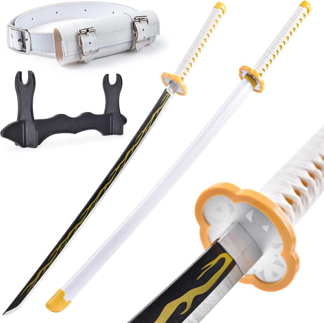Demon Slayer Sword 41inch,with Display Stand and Belt, Rengoku Sword/Tanjiro Sword/Zenitsu Sword/Anime Original Texture,for Demon Slayer Cosplay and Collection,Various Styles (Yellow)
