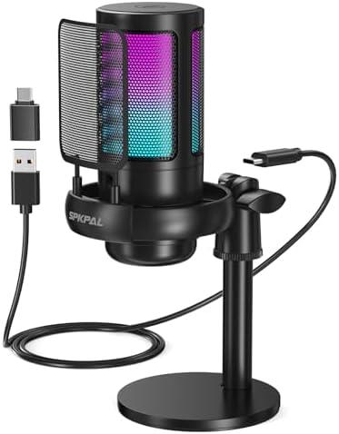 SPKPAL USB Microphone PC, Podcast Microphone w/ RGB Light, Mute Button, Gain Knob PS4/5, Mac, Phone, Gaming Mic w/ Pop Filter, Metal Stand, Headphones Jack Streaming, Recording, Chat (ME6S)