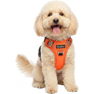 Funfox Dog Harness No Pull, Adjustable Pet Vest Harness, Super Soft Material with Vertical Handle Easy Control, Reflective Night Walking, 2 Leash Clips for Small Sized Dogs, Orange, S