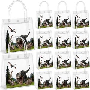 Reallnaive 24 Pcs Dinosaur Goodie Bags Plastic Clear Gift Tote Bags with Handles Dinosaur Themed Party Favor Goodie Holder PVC Handbags for Party Supplies Birthday Treat, 5.9 x 6.3 x 2.7'' (Authentic)