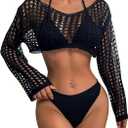 Milumia Women's Crochet Long Sleeve Cover Up Crop Top Sheer Bikini Coverups Black, Small
