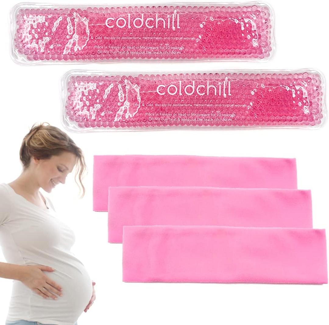 5 x Reusable Perineal Ice Packs for Postpartum & Hemorrhoid Pain Relief, Hot & Cold Pack for Women After Pregnancy, 2 Ice Pack and 3 Cover. (Pink)
