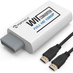 PORTHOLIC Wii to HDMI Converter 1080P for Full HD Device, Wii HDMI Adapter with 3,5mm Audio Jack&HDMI Output Compatible with Wii, Wii U, HDTV, Monitor-Supports All Wii Display Modes 720P, NTS (White)