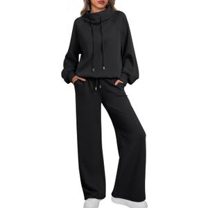 AUTOMET Lounge Sets for Women Sweatsuits 2 Piece Outfits 2025 Fall Drawstring Sweatshirt Wide Leg Sweatpants Tracksuit (Large, Black)