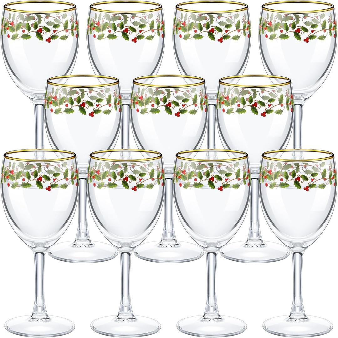 Nitial 12 Pcs Christmas Wine Glasses Set, 6.8 oz Festive Holiday Drinkware with Stem Wineglass Gift, Ideal for Red or White Wine at Christmas Dinners, New Years Family Party Gatherings (Holly Berry)