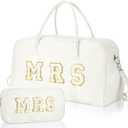 2 Pcs Wedding Weekender Bag Bride Groom Duffle Bag Chenille Letter Patch Travel for Bridal Shower Honeymoon Gift(Mrs,White)