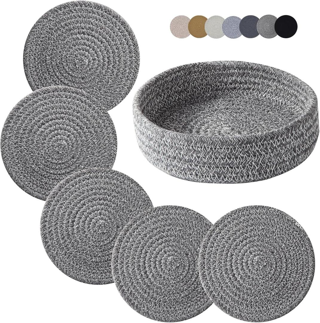 Trivets for Hot Dishes, Trivets for Hot Pots and Pans, Hot Pads for Countertops, Coasters 4 Pcs and Storage Basket 1 Pack, Pot Holders for Kitchen, Cotton Hot Mats Cooking Pad Protect Table (D Grey)
