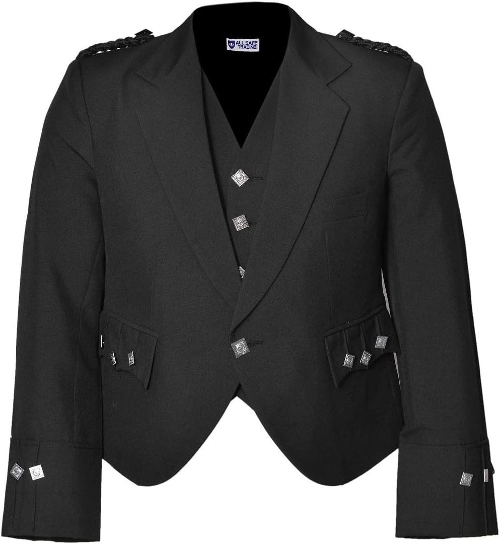 Scottish Argyle Kilt Jacket With Waistcoat/Vest (40 - Sleeve R, Black)