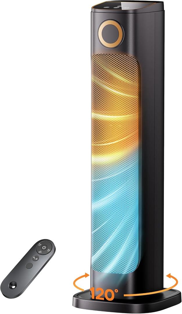 25" Patio Heater And Fan Combo for Indoor Use, 1500W Tower Portable Electric Space with Remote,Infrared Heater, 15H Timer, Oscillation, Quiet, for Garage, Room, Office, Black