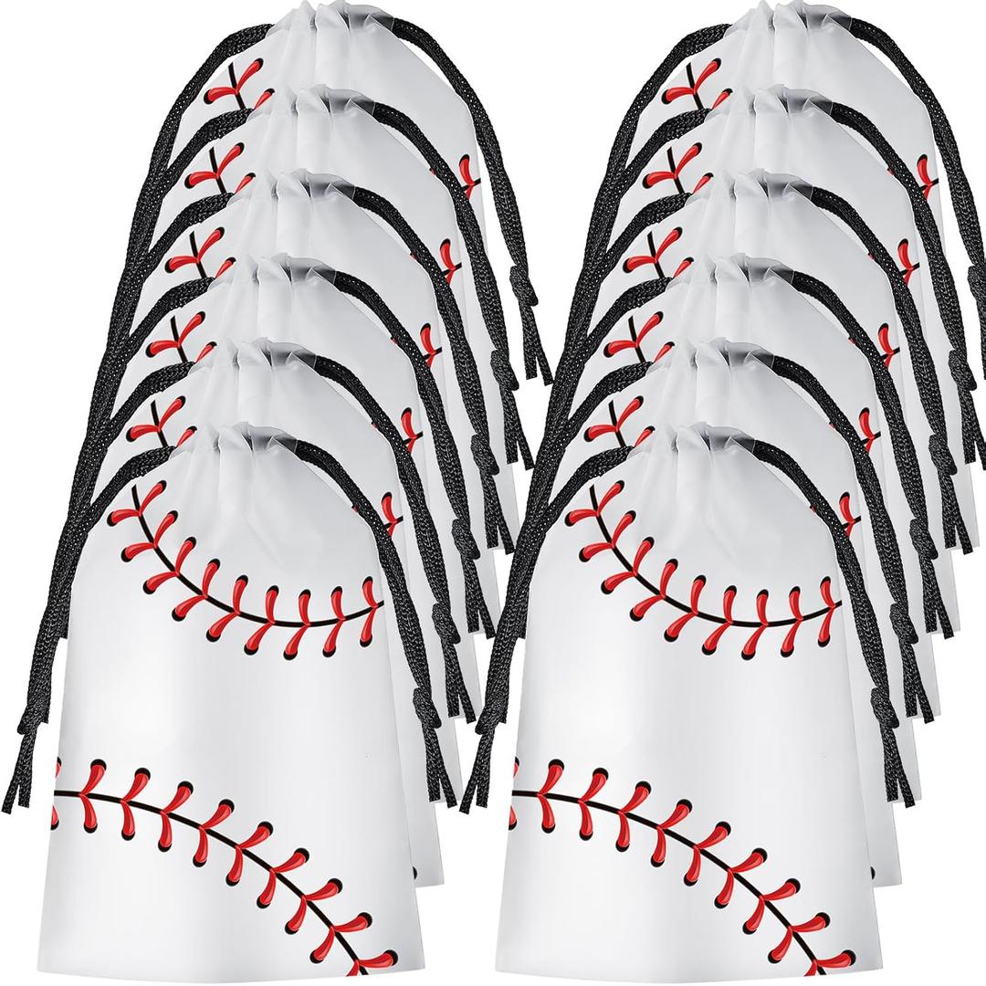 Flutesan 25 Pack 6 x 8 Inch Drawstring Baseball Party Favor Bags Plastic Baseball Snack Goodie Bags Gift Packaging Storage for Kids Boys Birthday Sports Theme Party Supplies