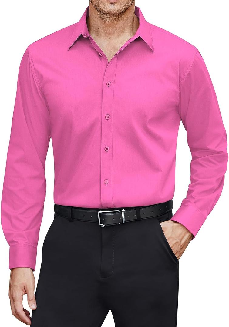 J.VER Men's Dress Shirts Stretch Stain Shield Long Sleeve Solid Formal Shirt Business Casual Button Down Shirts (Large, Hot Pink)