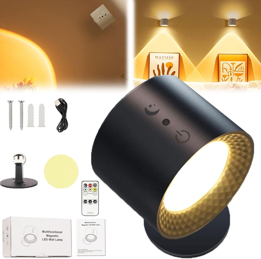 Smart Lights Wall Lamp, LED Wall Light for Pictures, Rechargeable 3 Color Temperatures Dimmable Magnetic 360° Rotation Cordless Wall Sconce for Study Bedroom Reading Hallway Bedside (1Set Black)