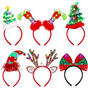 Fovths 6 Pack Christmas Headbands LED Reindeer Head Boppers Xmas Antler Santa Elves Hair Bands for Christmas Holiday Party Accessoriess