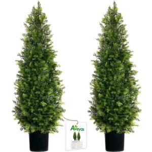 Aveyas 4ft Artificial Cedar Topiary Trees for Outdoor Front Porch Door, 4 Feet Faux Potted Plants Evergreen Fake Pine Cypress Tree for Outside Home Decor (4 ft Tall) - Set of 2 Pack