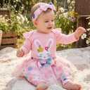 FUNMETA Baby Girl Easter Outfit 4 Piece Kids Long Sleeve Rabbit Romper Toddler Bow Pink Tutu Skirt Headband Leg Warmer Infant Easter Bunny Dress 6-12 Months