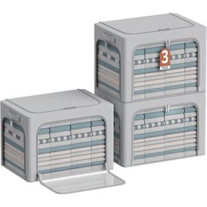 3Pack Clothes Storage Bins - Oxford Frame Storage Box Foldable Stackable Storage Organizer with 3 Openings Design, Metal Frame, Clear Window, Carry Handles (66L-19.7 * 15.7 * 13)