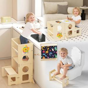 Toddler Kitchen Step Stool, 4 in 1 Foldable Learning Tower with Blackboard and Star Number Clock, Standing Step Stool Toddler Tower for Kitchen Counter Bathroom Sink
