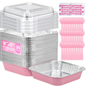 (35-Pack) Pink 8x8 Inch Disposable Aluminum Pans with Plastic Lids,Stickers and Cake Spoons,Square Cake Pans for Parties,Baking Trays,Foil Pans for Holiday Cooking, Parties Meal Prep, Storage