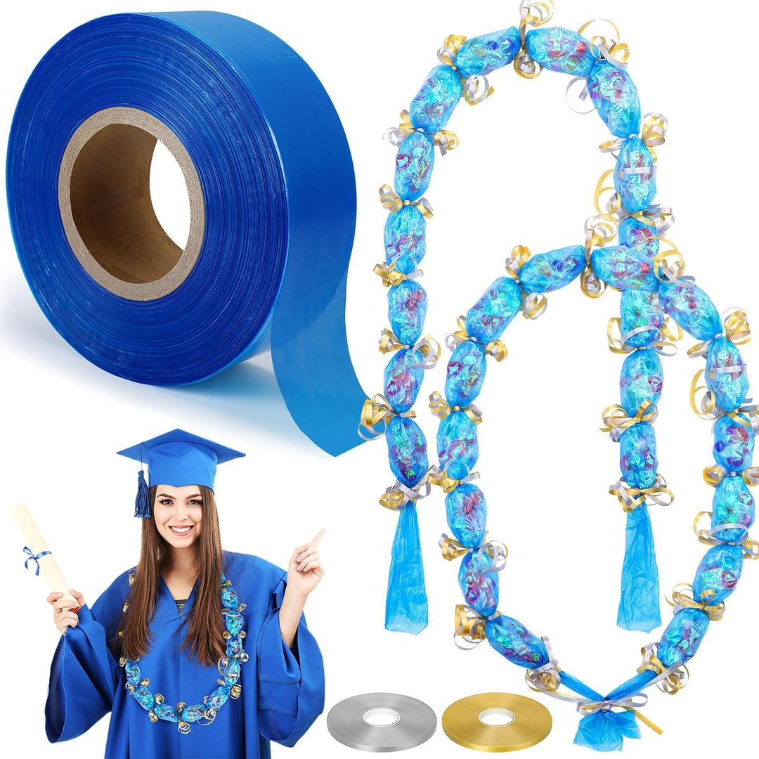 Sinload Candy Lei Poly Tubing 2 Inch x 1000 ft Graduation Candy Lei Making Kit with 2 Rolls Ribbon Class of 2026 Congrats Grad for Party DIY Graduation Wreaths Packing Snacks Gift(Blue)