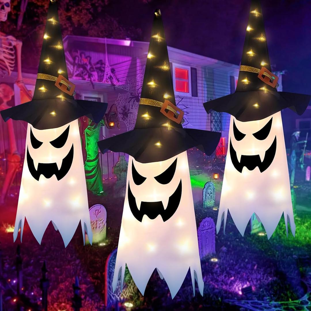 Halloween Decorations, 3PCS Outdoor Decor Hanging Lighted Glowing Ghost, Outdoor Indoor Wind Sock Ornaments for Yard Tree Garden Halloween Party Favors (White)