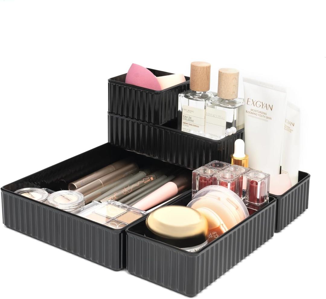 6 PCS Black Drawer Organizer Set 3-Size, Makeup Organizer,Versatile Desk and Vanity Drawer Organizer Trays, Storage Bins for Bedroom, KitchenBathroom