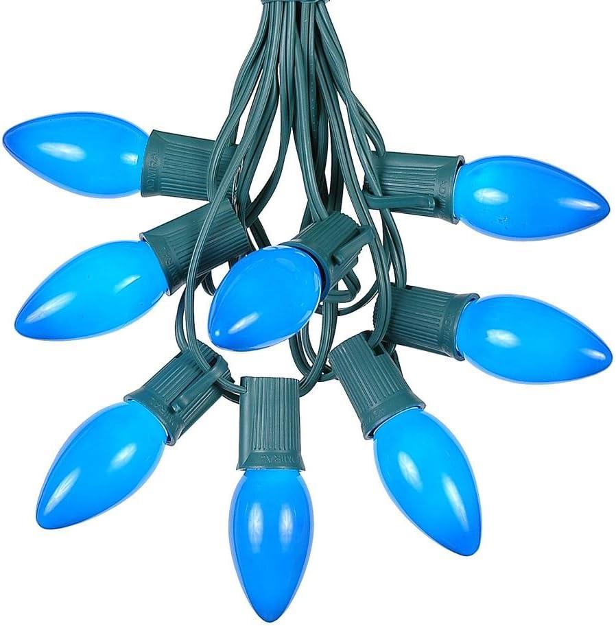 25 Foot C9 Blue Ceramic Christmas String Light Set - Outdoor Roofline Light String - Opaque Bulbs - Green Wire