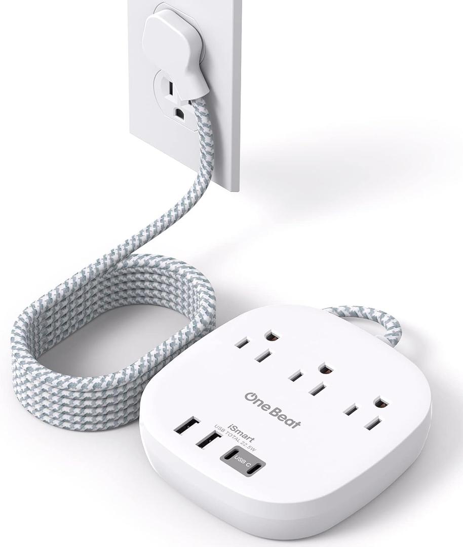 10Ft Flat Plug Power Strip, Thin Extension Cord, One Beat 3 Outlets 4 USB Ports (2 USB C) 22.5W/4.5A Desktop Charging Station Power Strip No Surge Protection, Cruise Ship Dorm Room Travel Essentials (White)