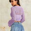 OYOANGLE Women's Crochet Tie Front Sweater Cardigans Bell Sleeve Knitted Cropped Bolero Shrug Cardigan (Purple, S)