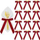 Riceshoot Velvet Bow Napkin Rings Bows with Gold Semicircle Metal Napkin Ring Velvet Bow Holder for Wine Bottles Table Settings Candlestick Wedding Valentine's Day Dinner(Claret Red,12 Pcs)