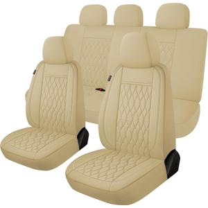 CAROMOP Faux Leather Car Seat Covers Full Set,Luxury and Comfortable Covers for Cars,Split Bench Compatible Car Interior Covers,Universal Fit for Suvs,Vans,Trucks,Airbag Compatible (5-Seat Beige)