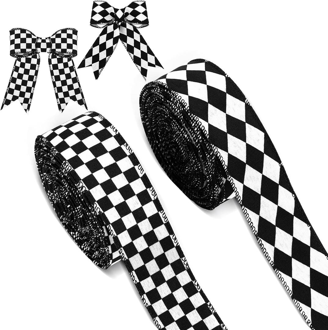 Waydress 2 Rolls/20 Yards Black and White Checkered Ribbon Harlequin Check 2.5 inch Width Wired Edge Gingham Buffalo Ribbon Racing Car Decor for Christmas Fall Tree Wrapping DIY Craft(1.5 Inch Wide)