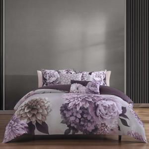 Bebejan Plum Petal 5 Piece Comforter Set, 100% Cotton Sateen, 220 Thread Count, Purple Floral Reversible Bedding Comforter Set, 1 Comforter, 2 Shams & 2 Pillows (King/Cal King)