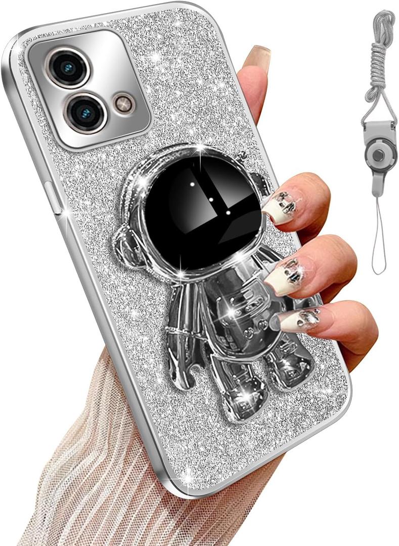 for Moto G Stylus 5g 2023 Phone Case with 6D Astronaut Stand Function Shockproof Protective Soft Bling Luxury Plating Cover Case for Motorola G Stylus 5g 2023, Silver