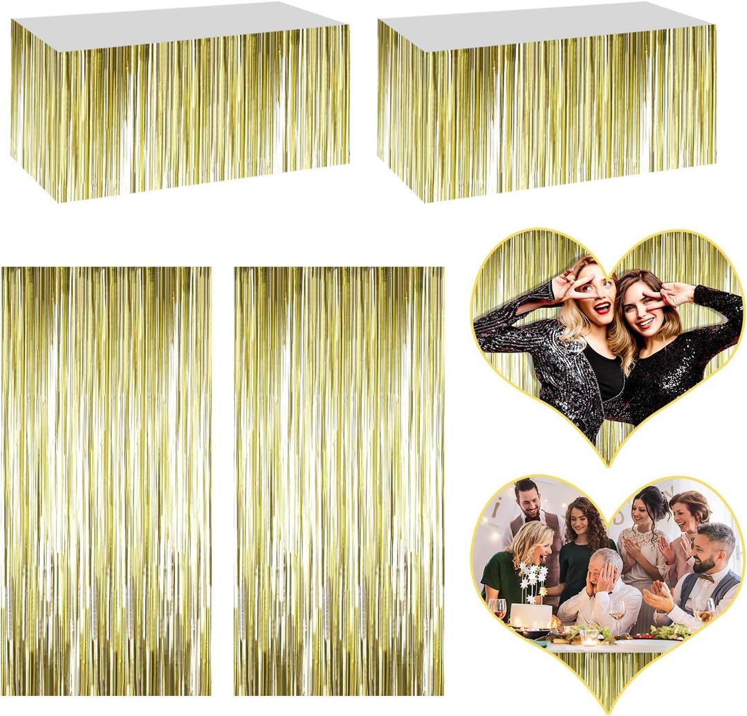 4P Metallic Foil Fringe Tinsel Table Skirts for Rectangle Tables Backdrop Banner Streamer Garland Curtains for Parade Floats Wedding Graduation Anniversary Birthday Parties Decoration (Light Gold)