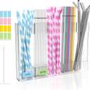 Acrylic Straw Holder for Cabinet Door, 9.5" Reusable Straws Organizer Storage Dispenser with Ultra Sticky Adhesive, Kitchen Accessories Container for Counter Cupboard (Transparent)