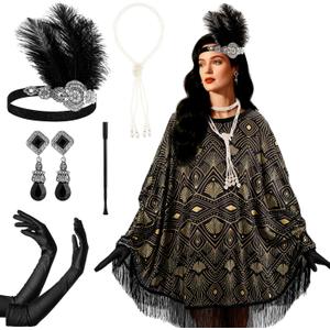 6 Pcs 1920s Flapper Costume Accessories Set for Women Fringed Poncho Flapper Shawl Outfits