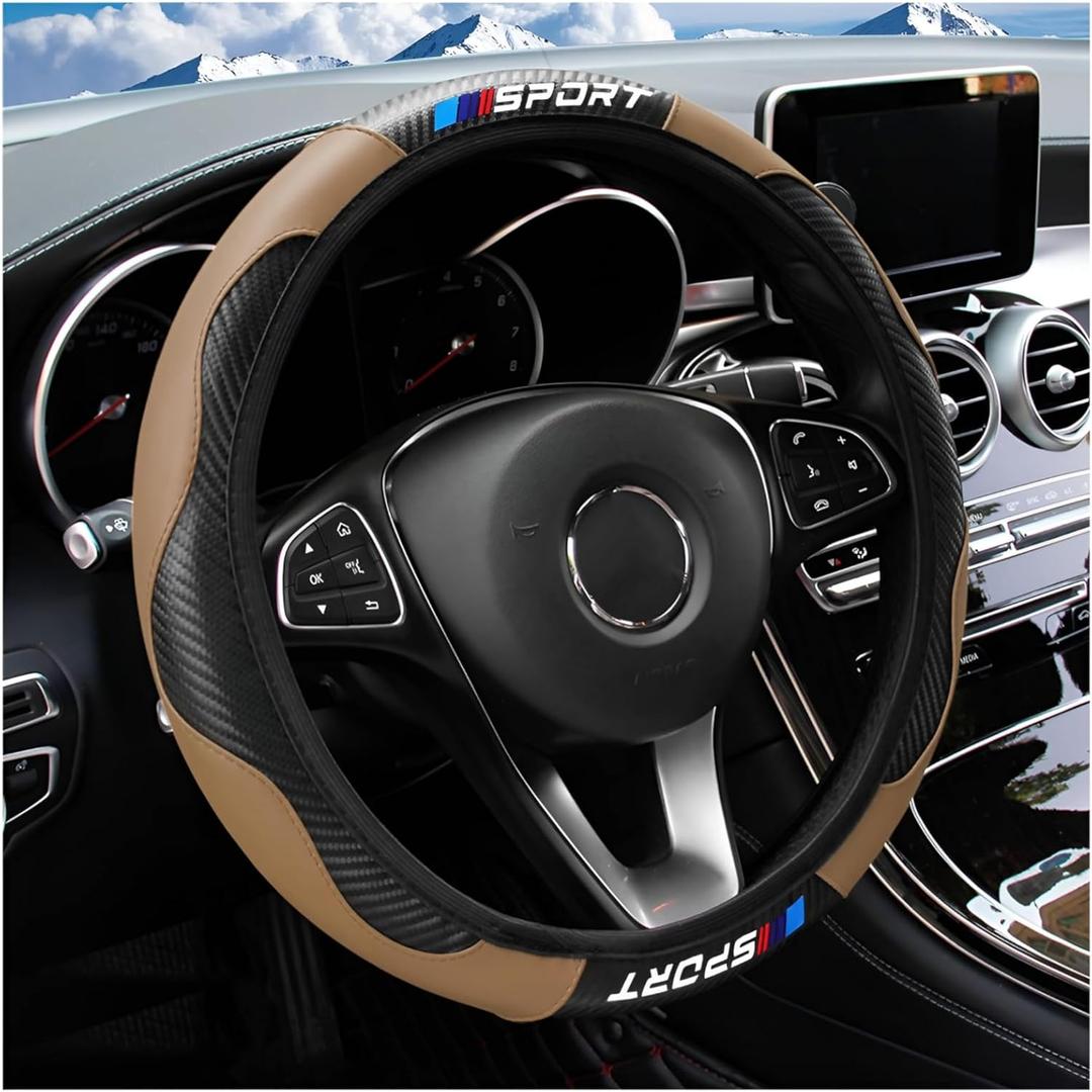 Carbon Fiber Car Steering Wheel Cover, 14.5-15 inch Elastic Stretch Breathable Comfortable Sport Vehicle Steering Wheel Protecter, Auto Protection Accessories, Universal Fit (Beige)
